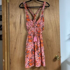 FREE PEOPLE Floral MINI DRESS with Tassels! Flirty Girly Boho Smocked Coral Pink